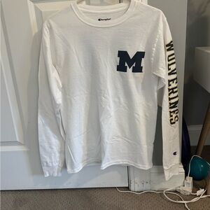 Champion Michigan White Long Sleeve Shirt with Blue and Yellow Print